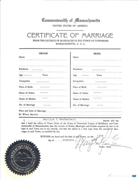 Download USA The records of Massachusetts in the Townsend marriage certificate Photoshop template